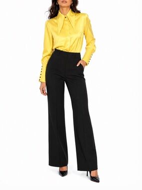 Yellow Satin Point-Collar Blouse with Decorative Cuff Buttons